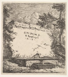 Frontispicio con fuente escalonada, un muro de piedra con un surtidor de agua vertiendo agua en un rec..., 1652 de Karel Du Jardin