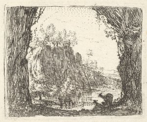Paisaje flanqueado por árboles en el primer plano izquierdo y derecho, siluetas de dos cabr..., ca. 1641-78 de Karel Du Jardin