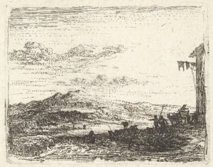 Paisaje con esquina de edificio y toldo a la derecha, dos figuras y un caballo, ca. 1641-78 de Karel Du Jardin