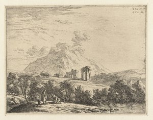 Paisaje con ruinas y dos hombres con un perro de Karel Du Jardin