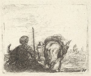 Caballo de carga, hombre sentado con bastón en la mano derecha y perro, todos vistos desde atrás..., ca. 1641-78