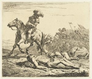 Campo de batalla con soldado a caballo y dos muertos de Karel Du Jardin