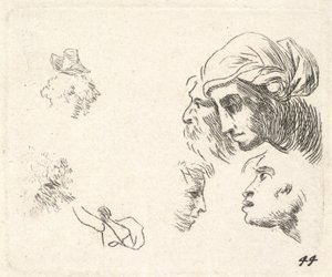 Estudio de cabezas en vista de perfil, una mujer con pañuelo en la cabeza y un hombre barbudo, ca. 1641-78 de Karel Du Jardin