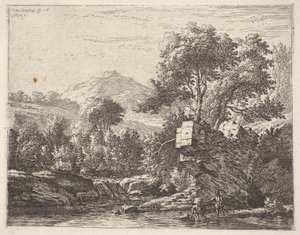 Dos hombres de pie con el agua hasta los tobillos con una roca detrás de ellos, a la izquierda de Karel Du Jardin