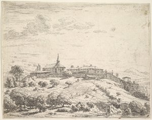 Pueblo amurallado en una colina, con iglesia a la izquierda y edificios construidos en la pendiente, 1658 de Karel Du Jardin