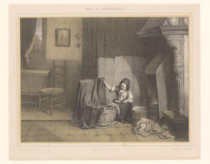 Interior con una niña en la cuna. Preocupaciones iniciales de Karel Frederik Bombled