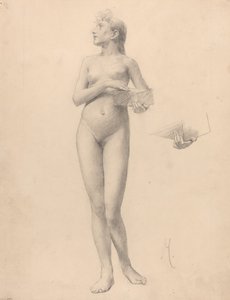Mujer Desnuda de Pie Sosteniendo una Caja