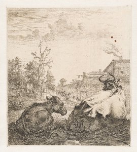 Vaca acostada con ternero Animales (título de la serie) de Karel du Jardin (signed by artist)