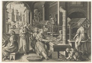 Enrollado de la seda
Introducción del gusano de seda y de la producción de seda en Europa (título de la serie)
Vermis Sericus (título de la serie en el objeto) de Karel van Mallery
