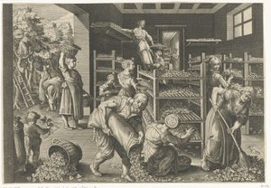 Recolección de hojas de morera y alimentación de los gusanos de seda Introducción del gusano de seda y la producción de seda en Europa (título de la serie) Vermis Sericus (título de la serie sobre el objeto) de Karel van Mallery