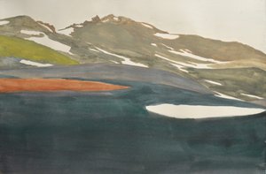 Vista del lago en la montaña nevada de Karin Bos