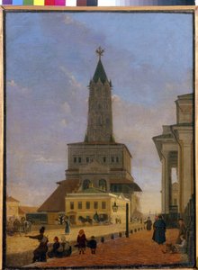 La Torre Sukharev en Moscú. Construido en 1695 por el arquitecto Tchoglokov y demolido en 1934, estaba ubicado en la esquina del anillo de jardines y la calle Stretenka. Pintura de Karl Petrovich Bodri (1812-1894), óleo sobre lienzo de Karl Fridrikh Petrovich Bodri