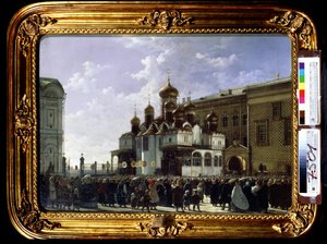 Procesión de Semana Santa en la catedral de María Anunciación en Moscú. Pintura de Karl Petrovich Bodri (1812-1894). Óleo sobre lienzo, 61 x 85 cm de Karl Fridrikh Petrovich Bodri