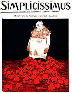 Portada de la revista alemana Simplicissimus (circa ) que muestra a Churchill y un río de sangre y calaveras. c.1940 (litografía)