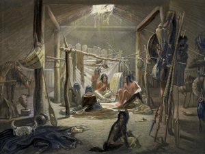 El Interior de una Cabaña de un Jefe Mandan, lámina 19 del Volumen 2 de Viajes en el Interior de América del Norte, grabado por Narcisse Desmadryl, 1844 de Karl Bodmer