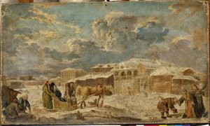 Plaza de la ciudad en invierno (San Petersburgo). Paisaje urbano con edificios y casas de madera. Pintura de Karl Friedrich Knappe (1745-1808), óleo sobre tabla, segunda mitad del siglo XVIII. Arte alemán