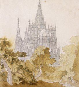 Una catedral gótica cerca de Bauman; Eine Gotische Kathedrale hinter Baumen, 1814-15 de Karl Friedrich Schinkel