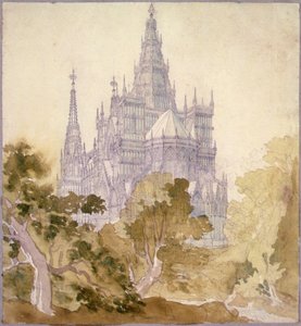 Un paisaje boscoso con una iglesia gótica (lápiz, tinta y acuarela) de Karl Friedrich Schinkel