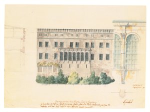 Diseño para una nueva escalera para la fachada norte del Schloss en Stettin, con un estudio subsidiario de la logia, una sección transversal de la fachada y un pilastra adosada, c.1840