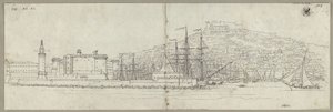 Vista de Nápoles con el puerto, el Castel Nuovo, el faro y el Castel Sant