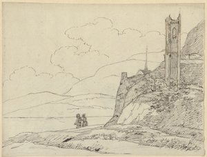 Paisaje montañoso con ruinas de torre y figuras de Karl Friedrich Schinkel