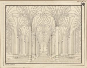 Berlín, Spittelmarkt. Proyecto para la iglesia de Santa Gertrudis. Vista interior, a través de la nave hacia el coro de Karl Friedrich Schinkel