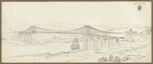 Vista del puente colgante sobre el estrecho de Menai cerca de Bangor, en Gales de Karl Friedrich Schinkel