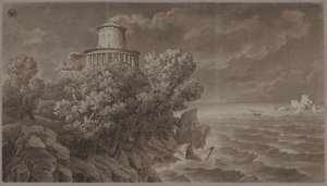 Costa marina rocosa con un faro de estilo antiguo en mar agitado de Karl Friedrich Schinkel