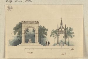 Lützen. Proyecto para un monumento al rey Gustavo II Adolfo de Suecia como sala de arcos abierta por cuatro lados y como tabernáculo sobre la piedra sueca de Karl Friedrich Schinkel