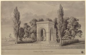 Lützen. Proyecto para un monumento al rey Gustavo II Adolfo de Suecia en forma de sala románica sobre la Piedra Sueca con ábside añadido. Vista de Karl Friedrich Schinkel