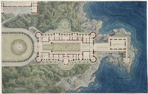 Palacio de Orianda en Crimea. Proyecto moscovita. Planta con los alrededores de Karl Friedrich Schinkel