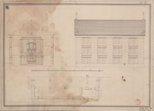 Tillendorf (Bolesławice, distrito de Liegnitz). Proyecto para la iglesia protestante. Planta, alzado de la fachada lateral y sección transversal de Karl Friedrich Schinkel