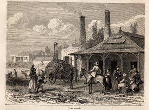 Una fábrica de azúcar de la Rivière du Rempart, en Mauricio, dibujo de Karl Girardet (1813-1871), para ilustrar la estancia de Alfred Verney en Mauricio en 1861. Grabado en "Le tour du monde", editado por Edouard Charton de Karl Girardet