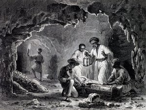 Descubrimientos arqueológicos en las cuevas de Samoun, grabado basado en el dibujo de Karl Girardet (1813-1871) de Karl Girardet