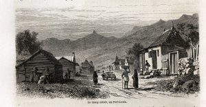 El campamento criollo, en Port Louis, dibujo de Karl Girardet para ilustrar la estancia de Alfred Verney en Mauricio en 1861. Grabado en 