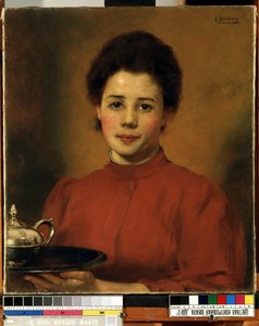 ""mujer joven en rojo"" Retrato de una mujer que lleva una bandeja con una tetera de plata. (Una mujer de rojo) Pintura de Karl (Carl) Gusov (1843-1907) 1904 Mikalojus Konstantinas Ciurlionis Fine Arts Museum, Kaunas, Lituania