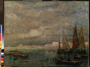 "Vue de voiliers dans la lagune de Venise" (Vista de Venecia con barcos de vela). Peinture de Karl (Carl) Hagemeister (1848-1933) 1926 Dim. 51x71 cm Musee des Beaux Arts de Mikalojus Konstantinas Ciurlionis, Kaunas, Lituanie de Karl Hagemeister