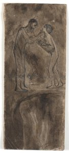Boceto de composición, hombre y mujer desnudos con un niño. En la parte inferior, invertido, figura desnuda