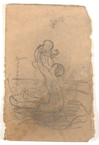 Mujer desnuda levantando a un niño pequeño