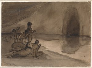 Personas desnudas en la orilla de Aurvangaland viendo llegar el barco con Heimdal