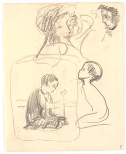 Dos bocetos para "Niño plantando" ("Hoppat"), arriba dos cabezas de mujer de Karl Isakson