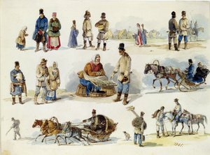 Tipos populares rusos. (Tipos populares de Rusia). Obra de Karl Ivanovich Kolmann (1786-1846), acuarela sobre cartón
