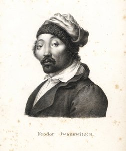 Feodor Jwanowitsch, nómada kalmyk secuestrado por los rusos que más tarde se convirtió en pintor y grabador en cobre. Litografía de Karl Joseph Brodtmann de la Historia natural ilustrada de hombres y animales de Heinrich Rudolf Schinz. de Karl Joseph Brodtmann