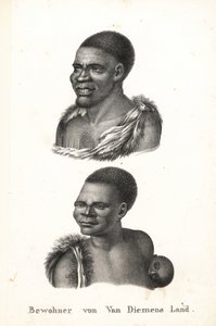 Nativos de Tasmania, Tierra de Van Diemen. Grou Aagara, hombre con escarificación en el pecho y capa de piel de animal, y Arra-Maida, mujer con niño a la espalda en papoose de canguro. Los nativos de Tasmania fueron exterminados por los colonos. Copiado de
