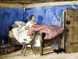 Gato visitando a una mujer en su dormitorio, principios del siglo XX (ilustración)