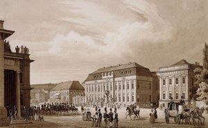 Unter den Linden, Berlín. Una vista desde el Neue Wache hacia el Kronprinzenpalais con el Prinzessinenpalais a la derecha y el Kommandatur a la izquierda de Karl Loeillot Hartwig