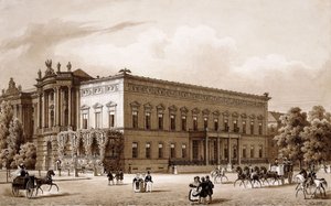 Unter den Linden, Berlín. El Palacio del Príncipe Wilhelm, construido por Karl Langhans en 1834-36, y la Biblioteca Real, construida por Georg Christian Unger 1775-78 según los planos de Josef Emanuel Fischer von Erlach, con vista a la Plaza del Teatro de  de Karl Loeillot Hartwig
