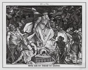 Atila el Huno tras la batalla de Chalons, 451 (grabado)