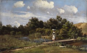 Paisaje de verano con una lavandera en un puente de Karl Millner