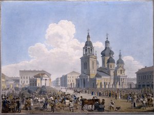 El Hay-market Place y la Iglesia de la Asunción en San Petersburgo - Obra de Karl Petrovich Beggrov (1799-1875), acuarela sobre papel (10,3x15,1 cm), 1820-1830 - State Russi